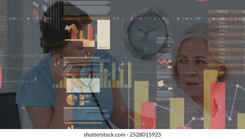 Image of data processing over caucasian female nurse with patient talking. Global medicine and digital interface concept digitally generated image.