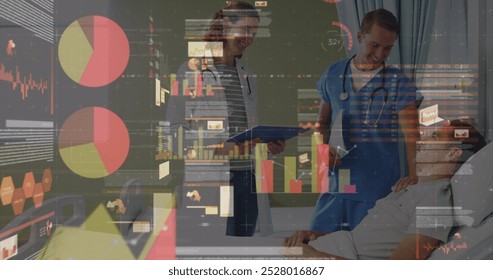 Image of data processing over caucasian female doctor and male nurse with patient talking. Global medicine and digital interface concept digitally generated image.