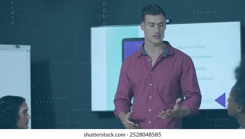Image of data processing over caucasian man giving a presentation to his colleagues at office. Business technology concept