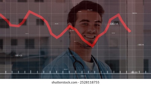Image of data processing over caucasian male doctor. Global medicine, connections, computing and data processing concept digitally generated image.