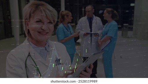 Image of data processing over caucasian female doctor. Global medicine, connections, computing and data processing concept digitally generated image.