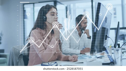 Image of data processing over caucasian business people in office. Global business and digital interface concept, digitally generated image.