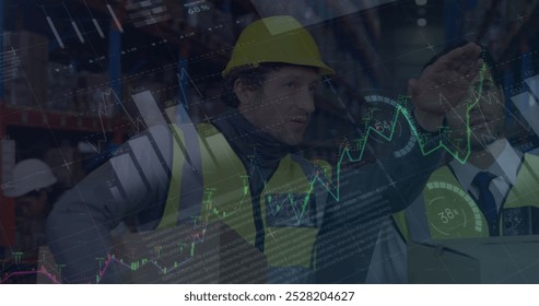 Image of data processing over caucasian workers in warehouse. Global business and digital interface concept digitally generated image.