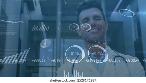 Image of data processing over caucasian male doctor. Global medicine, connections, computing and data processing concept digitally generated image.