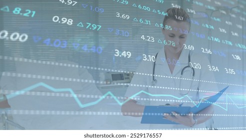 Image of data processing over caucasian female doctor. Global medicine, connections, computing and data processing concept digitally generated image.