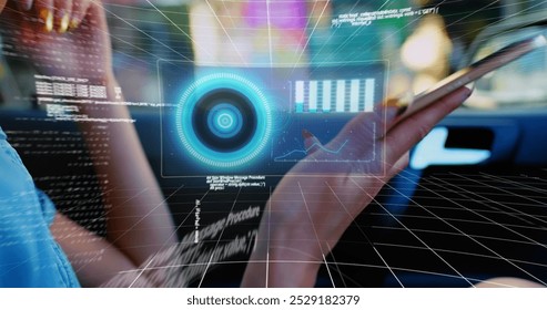 Image of data processing over caucasian woman talking on smartphone in the car. Global networking and business technology concept - Powered by Shutterstock - Get 15% off with code: PIKWIZARD15