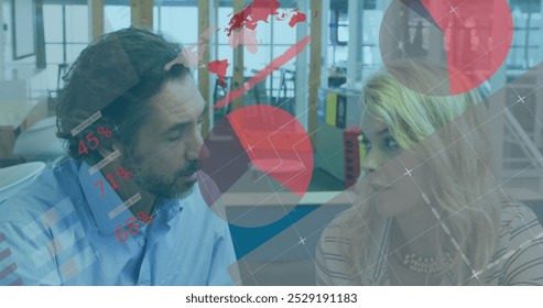 Image of data processing over caucasian businessman and businesswoman. Global cyber security, computing, digital interface and data processing concept digitally generated image.