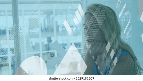 Image of data processing over caucasian businesswoman. Global cyber security, computing, digital interface and data processing concept digitally generated image.
