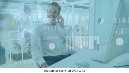 Image of data processing over caucasian businessman. Global cyber security, computing, digital interface and data processing concept digitally generated image.