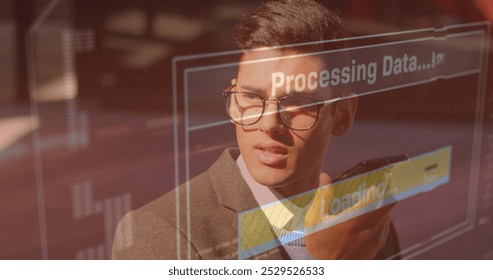 Image of data processing over caucasian businessman talking on smartphone. Technology, communication, computing and digital interface concept digitally generated image.