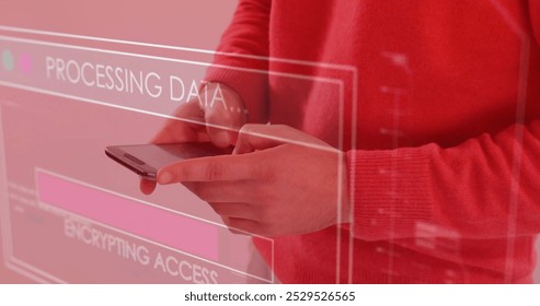 Image of data processing over caucasian man using smartphone. Technology, communication, computing and digital interface concept digitally generated image.
