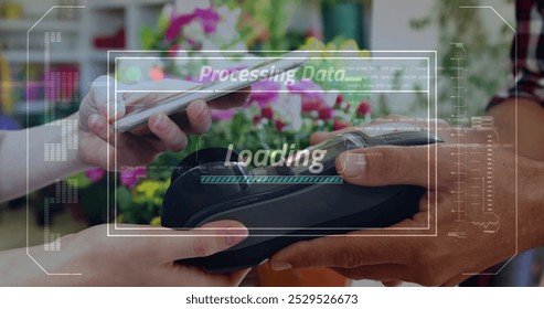 Image of data processing over caucasian woman paying with smartphone. Technology, communication, computing and digital interface concept digitally generated image.