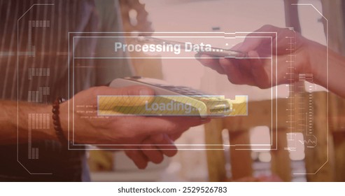 Image of data processing over caucasian woman paying with smartphone. Technology, communication, computing and digital interface concept digitally generated image. - Powered by Shutterstock - Get 15% off with code: PIKWIZARD15