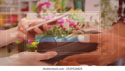 Image of data processing over caucasian woman paying with smartphone. Technology, communication, computing and digital interface concept digitally generated image. - Powered by Shutterstock - Get 15% off with code: PIKWIZARD15