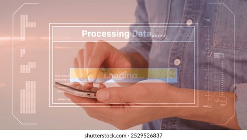 Image of data processing over caucasian man using smartphone. Technology, communication, computing and digital interface concept digitally generated image.
