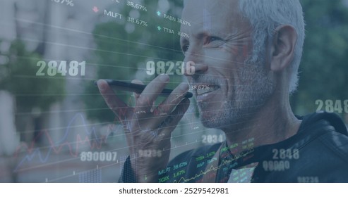 Image of data processing over caucasian man using smartphone. Global connections, computing, digital interface and data processing concept digitally generated image.
