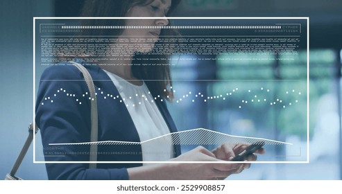 Image of data processing over caucasian businesswoman using smartphone. Business, communication, technology, computing and digital interface concept digitally generated image.