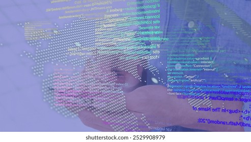 Image of data processing over caucasian businessman using smartphone. Business, communication, technology, computing and digital interface concept digitally generated image.