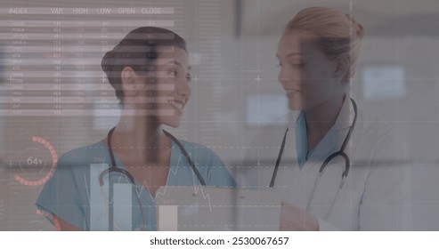 Image of data processing over caucasian female doctor with file. Global medicine, healthcare services, connections, computing and data processing concept digitally generated image.