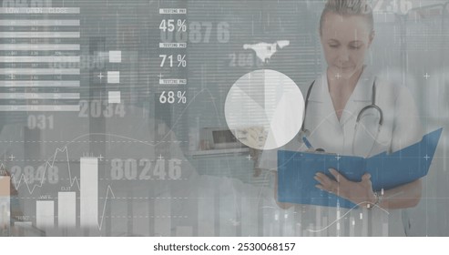 Image of data processing over caucasian female doctor with file. Global medicine, healthcare services, connections, computing and data processing concept digitally generated image.