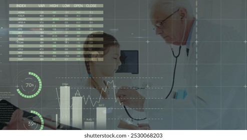 Image of data processing over caucasian male doctor with patient. Global medicine, healthcare services, connections, computing and data processing concept digitally generated image.