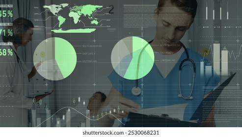 Image of data processing over caucasian male doctor with file. Global medicine, healthcare services, connections, computing and data processing concept digitally generated image.