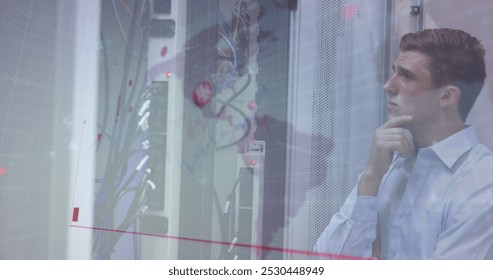 Image of data processing over caucasian male worker in server room. Global technology and digital interface concept digitally generated image.
