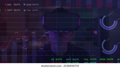 Image of data processing over caucasian woman using vr headset. Global business and digital interface concept digitally generated image.
