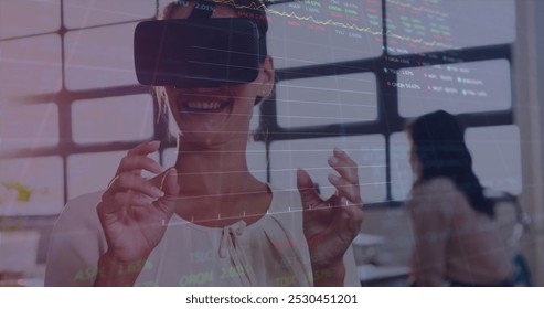 Image of data processing over caucasian woman using vr headset. Global business and digital interface concept digitally generated image.