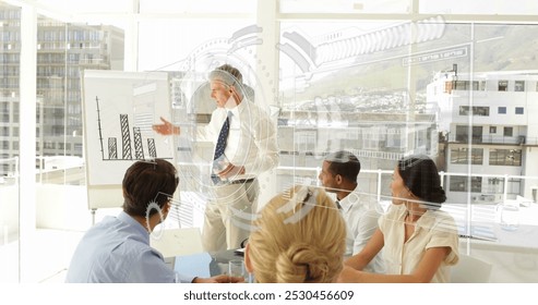 Image of data processing over caucasian businessman giving a presentation at office. Computer interface and business technology concept