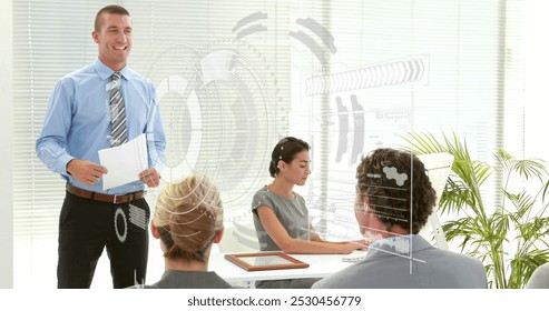 Image of data processing over caucasian business people in office. Global business and digital interface concept digitally generated image.