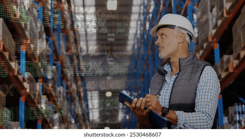 Image of data processing over caucasian male worker in warehouse. global business and digital interface concept digitally generated image. - Powered by Shutterstock - Get 15% off with code: PIKWIZARD15