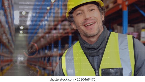 Image of data processing over caucasian male worker in warehouse. global business and digital interface concept digitally generated image. - Powered by Shutterstock - Get 15% off with code: PIKWIZARD15