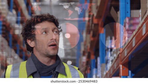 Image of data processing over caucasian male worker in warehouse. global business and digital interface concept digitally generated image.