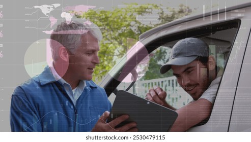 Image of data processing over caucasian male deliverer with colleague. Global business and digital interface concept digitally generated image.