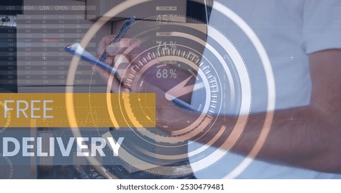 Image of data processing over caucasian male deliverer with clipboard. Global business and digital interface concept digitally generated image.