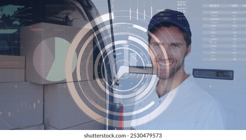 Image of data processing over caucasian male deliverer with clipboard. Global business and digital interface concept digitally generated image.