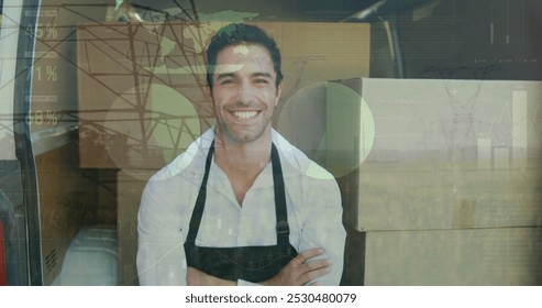 Image of data processing over caucasian male deliverer with boxes. Global business and digital interface concept digitally generated image.
