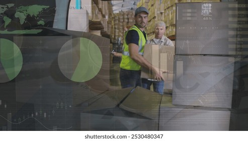 Image of data processing over caucasian delivery man packing boxes. Global shipping and delivery concept digitally generated image.