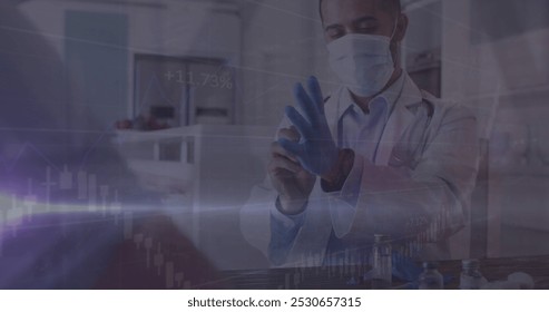 Image of data processing over caucasian male doctor with face mask and gloves. global medicine and data processing during covid 19 pandemic concept digitally generated image.
