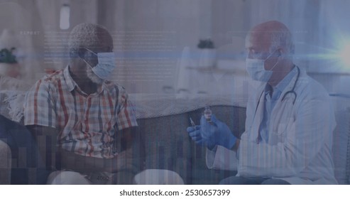Image of data processing over caucasian male doctor with face mask talking with patient. global medicine and data processing during covid 19 pandemic concept digitally generated image.