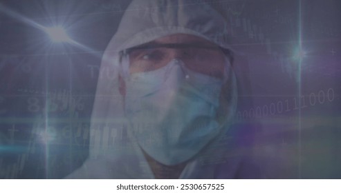 Image of data processing over caucasian male doctor with face mask. global medicine and data processing during covid 19 pandemic concept digitally generated image. - Powered by Shutterstock - Get 15% off with code: PIKWIZARD15