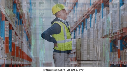 Image of data processing over caucasian male supervisor holding his back in pain at warehouse. Logistics and business technology concept - Powered by Shutterstock