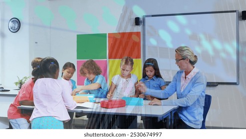 Image of data processing over caucasian female teacher with diverse schoolchildren. Global education and digital interface concept digitally generated image. - Powered by Shutterstock - Get 15% off with code: PIKWIZARD15