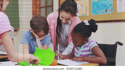 Image of data processing over caucasian female teacher with diverse schoolchildren. Global education and digital interface concept digitally generated image.