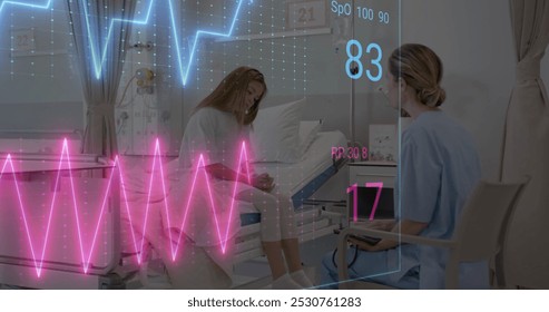 Image of data processing over caucasian female doctor with girl patient. Global medicine, connections, computing and data processing concept digitally generated image.