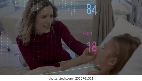 Image of data processing over caucasian female doctor with girl patient. Global medicine, connections, computing and data processing concept digitally generated image.