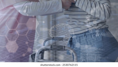 Image of data processing over caucasian physiotherapist with senior female patient. Global medicine, connections, computing and data processing concept digitally generated image.