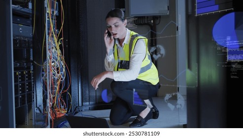 Image of data processing over caucasian female worker in server room. Global business and digital interface concept digitally generated image. - Powered by Shutterstock