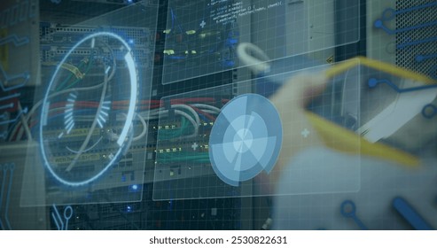 Image of data processing over caucasian server room worker. Global science, connections, data processing and digital interface concept digitally generated image.